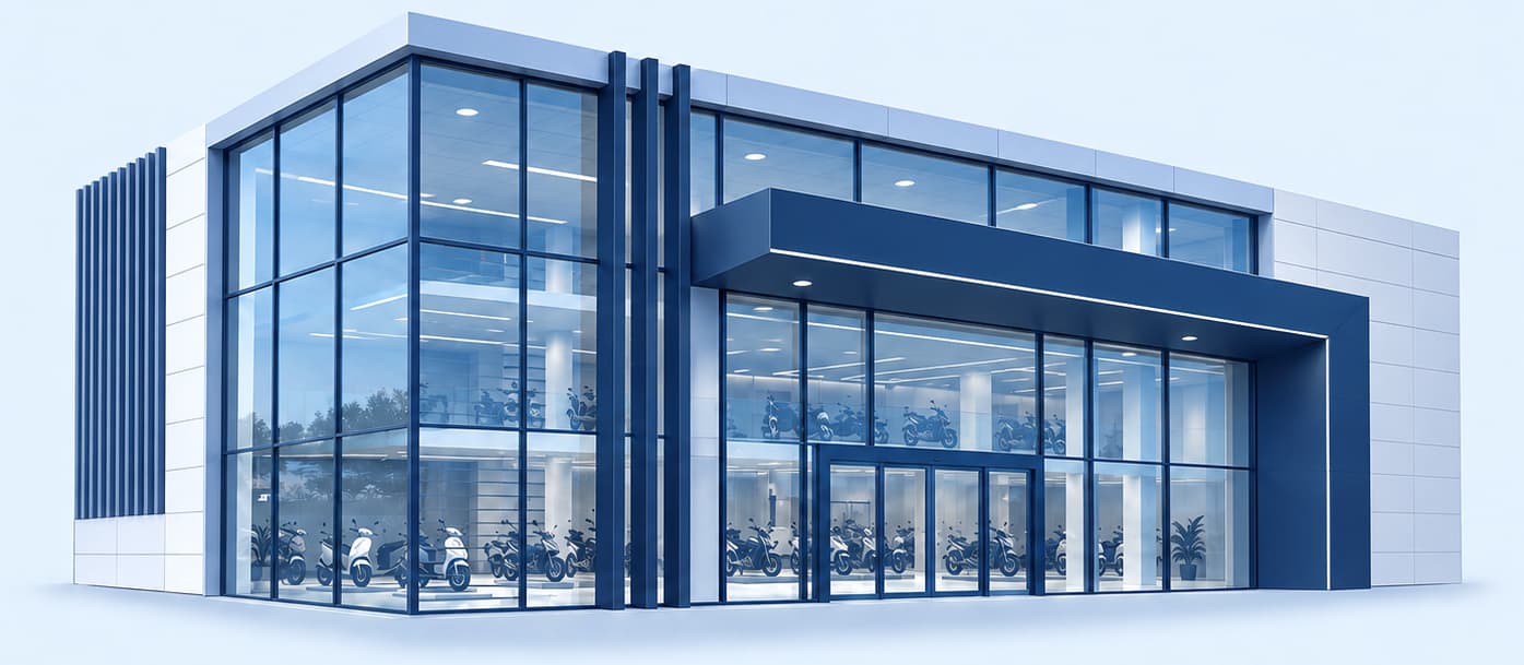 Two-wheeler showroom illustration for RideX24 near Okhla, Jamia Nagar, Zakir Nagar, Shaheen Bagh & Bharat Nagar